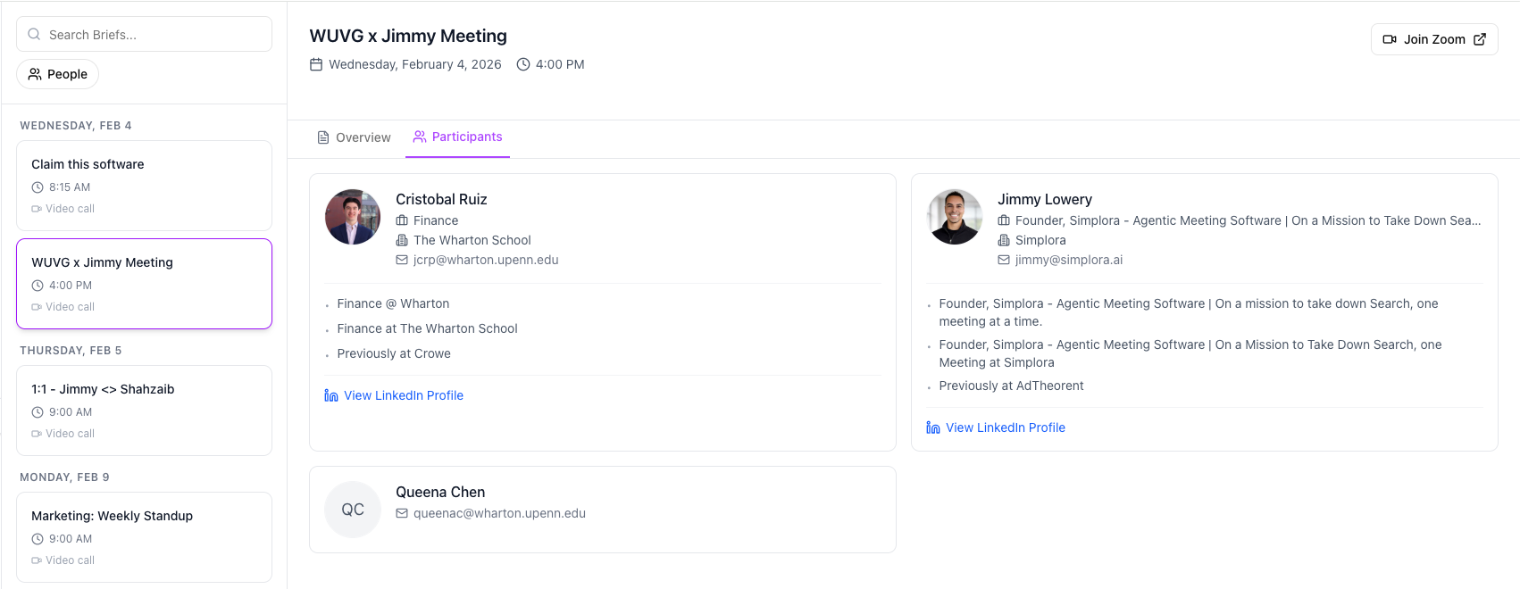 Meeting briefs dashboard inside Simplora