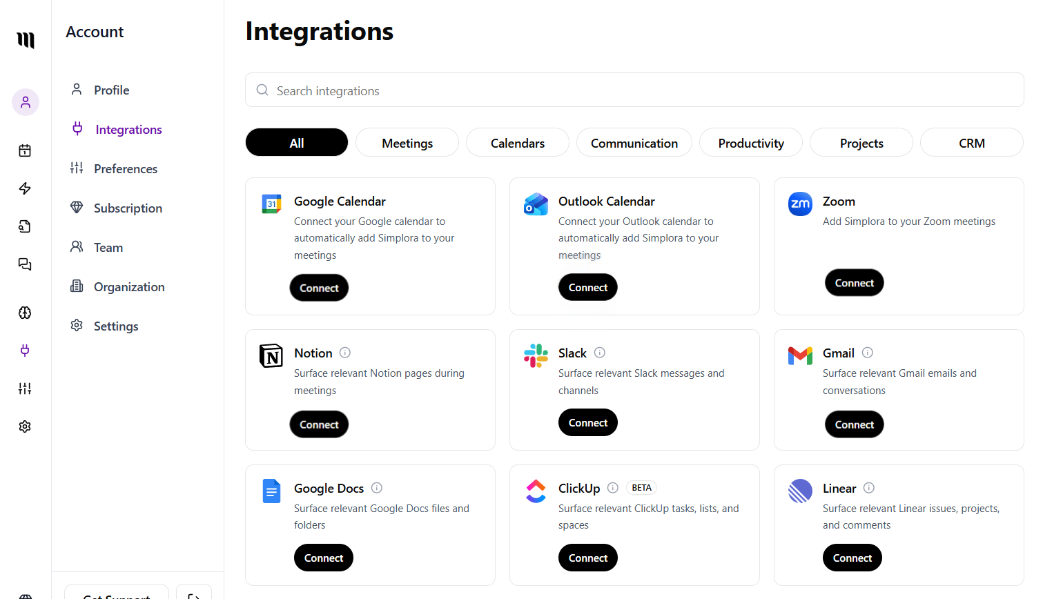 Integrations page in Simplora