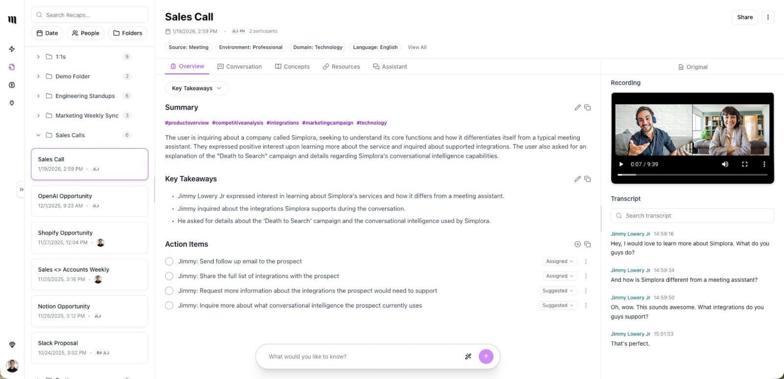 Recaps section inside simplora